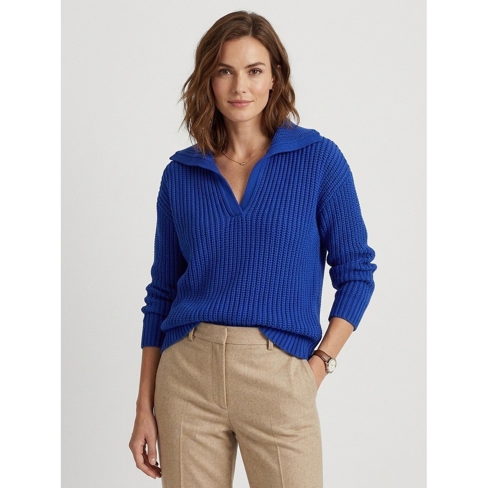 Lauren Ralph Lauren Royal Blue Shaker Knit V-Neck Collar Sweater Womens Medium